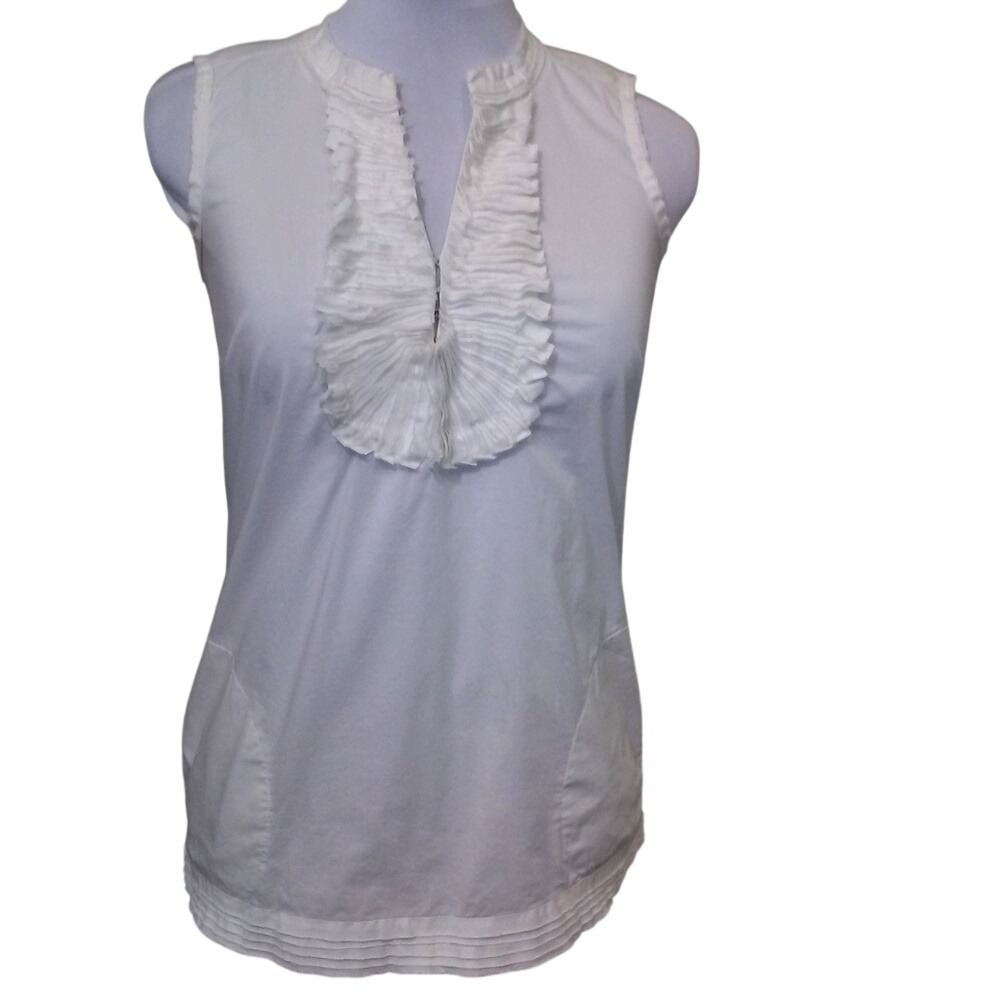 Alfani White‎ Ruffle Bib Sleeveless Cotton Top V-Neck Pintuck Hem Side Pockets